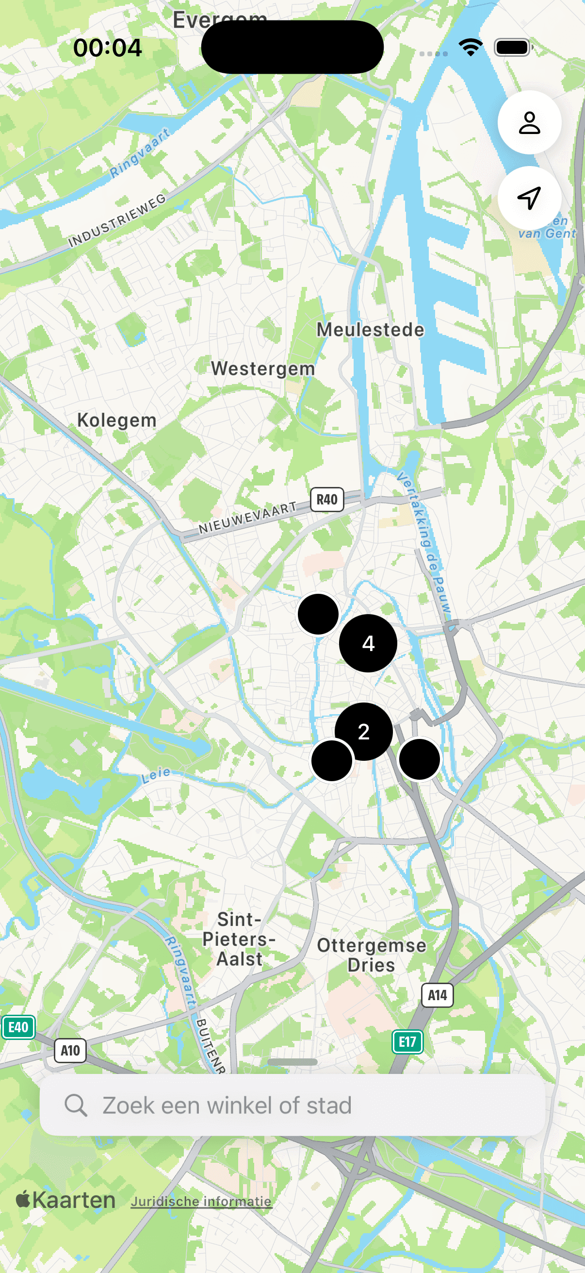 Kaart van Gent in Side B, met platenwinkels als punten en gebundelde punten waar er meerdere dicht bij elkaar liggen.